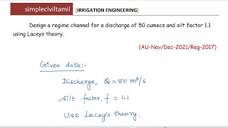 Design of canal by Lacys method problem 1 [upl. by Pfosi]