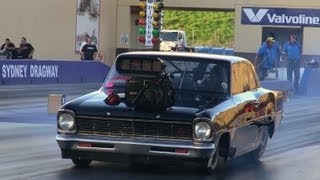 FRANK MAMONE MR 105 BLOWN V8 CHEVY NOVA RUNS 657  224 MPH SYDNEY DRAGWAY 1522013 [upl. by Annunciata]