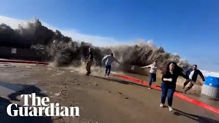 Unusually large waves hit the coast of California amid powerful storms [upl. by Ynattib55]