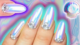 WHITE CHROME NAILS  Mermaid Unicorn Dust Iridescent Nail Art  Sea Shell Nail Swarovski amp Pearl [upl. by Tiloine]