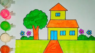 House Scenery Drawing 🏡🏡 Ghar ka Chitra 🏡🏡 Easy to drawing and Painting [upl. by Pammi]