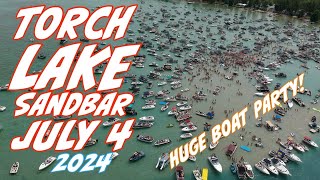 HUGE BOAT PARTY Torch Lake Sandbar 4th of July 2024  Fourth on Torch  Drone Video [upl. by Bertila718]