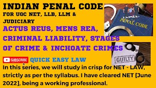 IPC ACTUS REUS MENS REA CRIMINAL LIABILITY STAGES OF CRIME amp INCHOATE CRIMES UGCNET LLB LLM [upl. by Pyle]