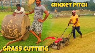 Cricket Pitch Grass Cutting  Grass Cutting Machine vlog [upl. by Faruq]