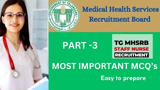 MHSRBIMPORTANT MCQSTelangana RecruitmentSTAFF NURSELAB TECHNICIAN QUESTIONS [upl. by Hudgens]