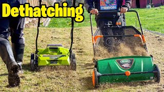 Dethatching before Overseeding Spring Overseed preparation Sun Joe Cordless Dethatcher is a beast [upl. by Reace]