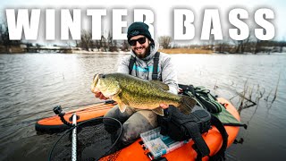 FLOAT TUBE BASS FISHING I CAUGHT A WINTER GIANT [upl. by Haggai534]