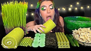 MOST POPULAR FOOD FOR ASMR GREEN FOOD MATCHA POCKY KIT KAT MOCHI WASABI CRABS SLIME [upl. by Domela]