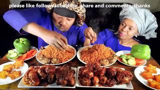 EATING SPICY JOLLOF RICE NIGERIAN MUSHROOM CHICKEN CURRY HASH BROWN MUTTON CURRY ASMR MUKBANG [upl. by Doria]