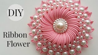 DIY Ribbon flower with beads grosgrain flowers with beads tutorial [upl. by Bathsheba]