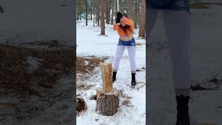 Your average dreamsicle 😏🍊 woodchopping axe outdoors logsplitter snow girlpower satisfying [upl. by Huebner]