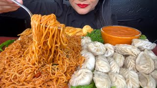 ASMR EATING SPICY NOODLESCHICKEN MOMOVEG MOMOLAYS CHIPS FOODVIDEOS [upl. by Koah116]