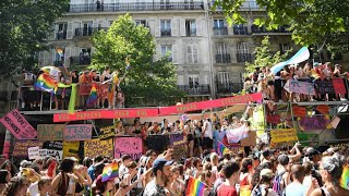 Paris gay pride marchers brave heat to mark Stonewall anniversary [upl. by Reiner]