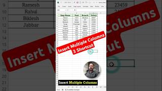 Insert Multiple Columns Using 3 Shortcut Key  Insert Multiple Columns in Excel  shorts ytshorts [upl. by Neiht]