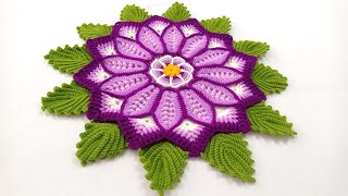 Como tejer la FLOR N° 49 con hojas a crochet paso a paso para centros caminos de mesa y tapetes [upl. by Barcus]