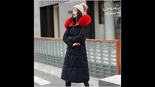 Lingwave winter big fur collar double sided wear mid length down cotton jacket womens parka hooded [upl. by Oenire]