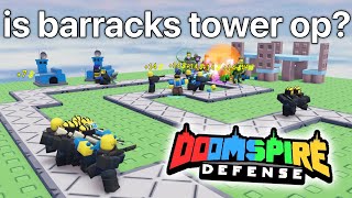 Barracks Tower Review Doomspire Defense REWRITE  ROBLOX [upl. by Saberhagen]