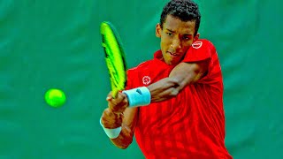 Felix Auger Aliassime Serving Slow Motion at US Open 2018 Court Level View Serve [upl. by Nidya952]