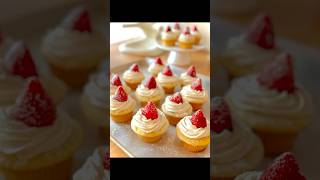 Vanilla cupcakes wvanilla buttercream amp pudding topped wstrawberries 🍓 cupcake baking dessert [upl. by Ardnek]