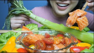 SPICY SALMON WITH NEW FOUND VEGGIE ASMR EATING SOUNDS LIGHT WHIPSERS  SASASMR [upl. by Lokin]