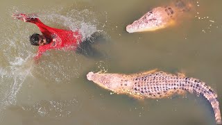 2 Crocodiles Attack Man in River  Crocodile Attack Fun Made Movie By Wild Fighter [upl. by Cynde]