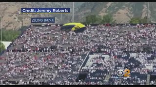 Parachutist Makes Rough Landing At Football Game [upl. by Gerome223]