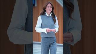 Kate sporting a grey sweater vest over a crisp white shirt paired w coordinating grey trousers [upl. by Neelyk712]