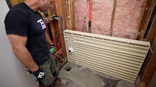 How to Install Tile Redi Shower Pan  Moving Drain Pipe in Concrete Foundation [upl. by Carpenter]