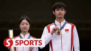 Chinas Huang and Sheng win first gold of Paris Games [upl. by Eico]