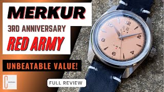 Merkur 3rd Anniversary Red Army Field Watch Retro Salmon dial Unbeatable Value Full Review HD [upl. by Garry345]