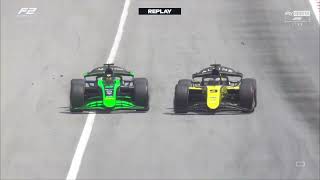 Kush Maini overtake on Zane Maloney F2 Spanish GP 2024 feature race [upl. by Yardley953]