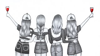 How to draw a Four Friend Pencil sketch  Step by Step drawing  Girls Friendship  Easy drawing [upl. by Harry33]