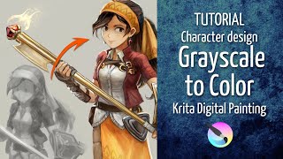 Tutorial Grayscale to Color  Krita Digital Painting  Character design [upl. by Pompei363]