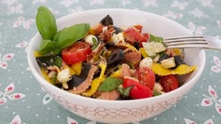 Ricetta Insalata di pasta con tonno mozzarella pomodori carciofi olive pinoli e basilico [upl. by Bonina56]