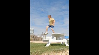 Extreme Footbag Athlete Performs Stunt Across Three Picnic Tables [upl. by Amorete]