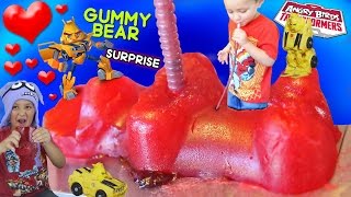 Kid Drinks Jelly from Giant Gummy Bear  Valentines Day Angry Birds Transformers Surprise Part 2 [upl. by Nabi]