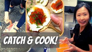 Tasty Salmon Caviar Recipe  How to prepare Japanese Ikura from freshly caught salmon [upl. by Llovera]