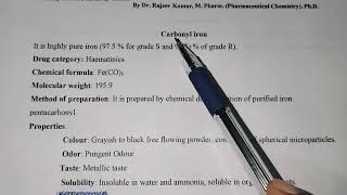 Carbonyl Iron Haematinics Properties Uses Brand Names D Pharm first year Pharmaceutical chemistry [upl. by Eerot]