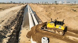 Incredible Komatsu Bulldozer Filling Sand Coverage Drains And Bury The Water [upl. by Enineg164]