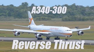 Airbus A340300 Reverse thrust Runway 29 JA Pengel Airport [upl. by Delanty883]