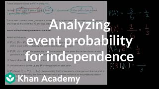 Analyzing event probability for independence  Probability and Statistics  Khan Academy [upl. by Stevenson580]