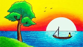 Gambar Pemandangan Matahari Terbenam di Laut Lepas  How To Draw Easy Sunset Scenery For Beginners [upl. by Esirec]