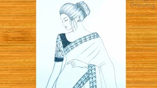 How to Draw a Traditional Girl with Beautiful saree  Step by step pencil sketch  Easy drawing [upl. by Donielle]