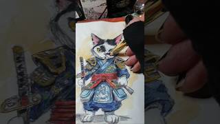 Samurai cat 💗 Ballpoint pen and watercolour catvember [upl. by Haskel501]