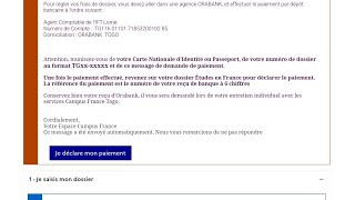 Comment déclarer le payement des frais de dossier Campus FranceQuittance de payement Campus France [upl. by Atnes]