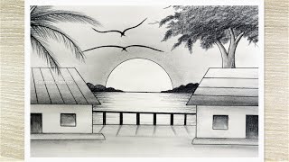 Sunset Landscape Drawing with pencil Pencil Drawing for Beginners step by step [upl. by Kallman441]