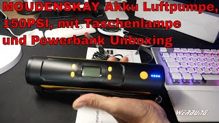 MOUDENSKAY Akku Luftpumpe150PSI mit Taschenlampe und Powerbank Unboxing [upl. by Yenttihw]