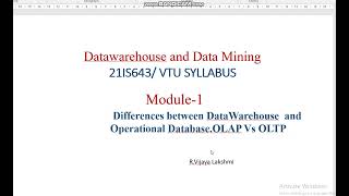 Differences between datawarehouse and Operational databaseOLAP 21IS643Module1VTUDMDWLec6 [upl. by Nariko]