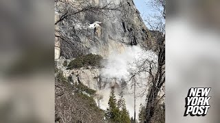 Stunning footage captures ‘thunderous’ rockslide at Yosemite National Park  New York Post [upl. by Caria]