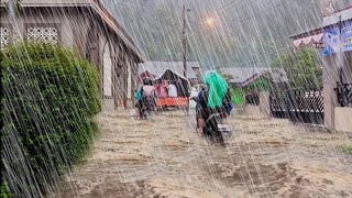 Super heavy rain Walking in heavy rain Strong winds and storms in rural Indonesia Rain sounds [upl. by Aissert]